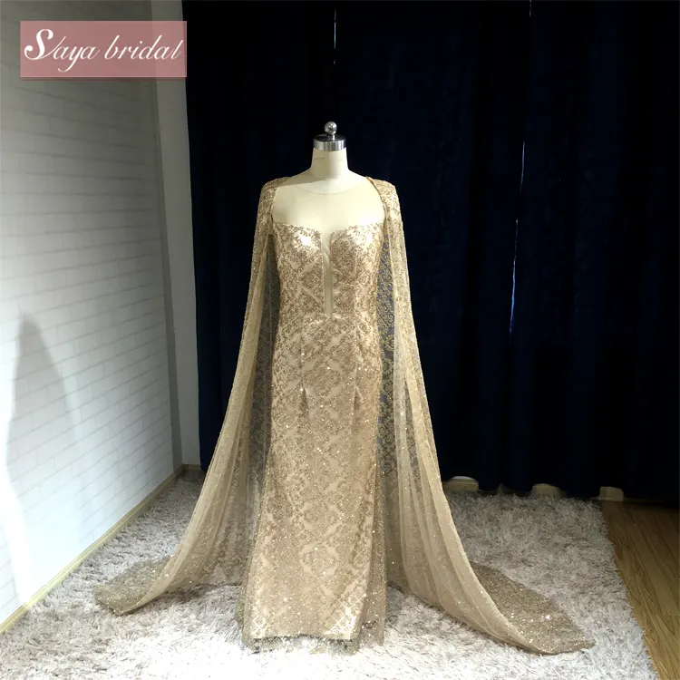 Two pieces gold bright flash fabric shawl lace evening dress