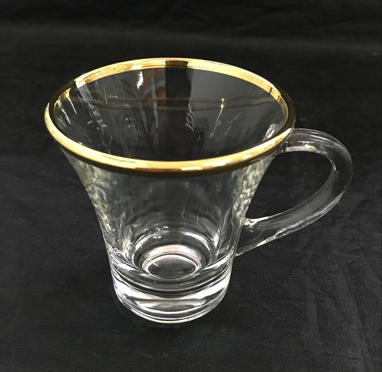 glass coffee mug with gold rim