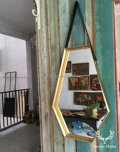 Wholesale Contemporary <strong>Gothic</strong> Decorative Goemetry Gold Metal Hanging Wall Coffin <strong>Mirror</strong> with Leather Belt for Living Room - Product Image 4