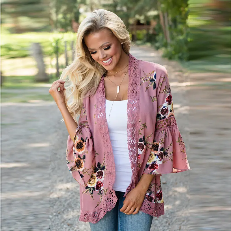 Womens Kimono Floral Chiffon Cardigan blouses elegant Print Shawl Open Front Beach Loose Tops Cover up Summer Blouse