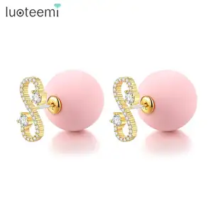 LUOTEEMI Hot Trendy Fashion Earrings Cubic Zirconia CZ Crystal Ball Pearl Girls Earring Jewelry