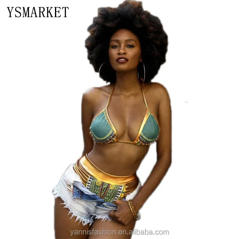 Wanita Seksi Afrika Selatan Golden Halter Bikini Pinggang Tinggi Dua Potong Baju Renang Pakaian Renang Wanita Dashiki Faux Kulit Bikini EQ186-2