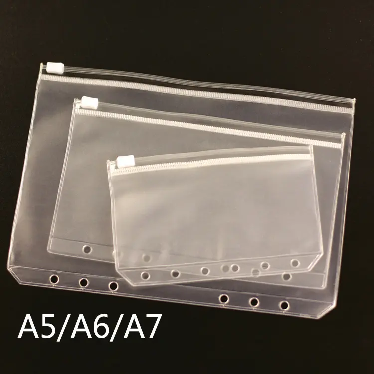 معيار A5 A6 الموثق 6 حفرة جيب حقيبة مستندات عملة فاتورة بطاقة التخزين البلاستيكية المغلفات وثيقة ملف الحقائب مع سحاب