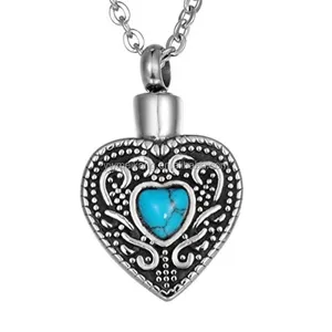 Retro Turquoise Heart Cremation Jewelry Keepsake Memorial Urn Necklace Ash Holder