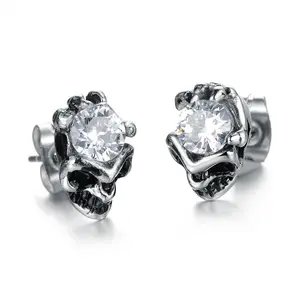 Wholesale Unisex Stainless Steel Punk Jewelry Vintage Blank Skull Hand Crystal Earrings Studs