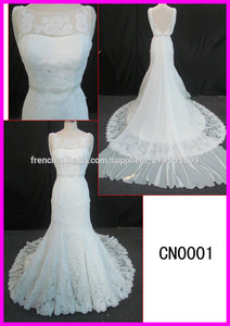 2014 guangzhou élégantes dentelles véritables robes de mariage modÃ ¨ le de sirène français avec la ceinture de motif perlé / lo - Product Image 1