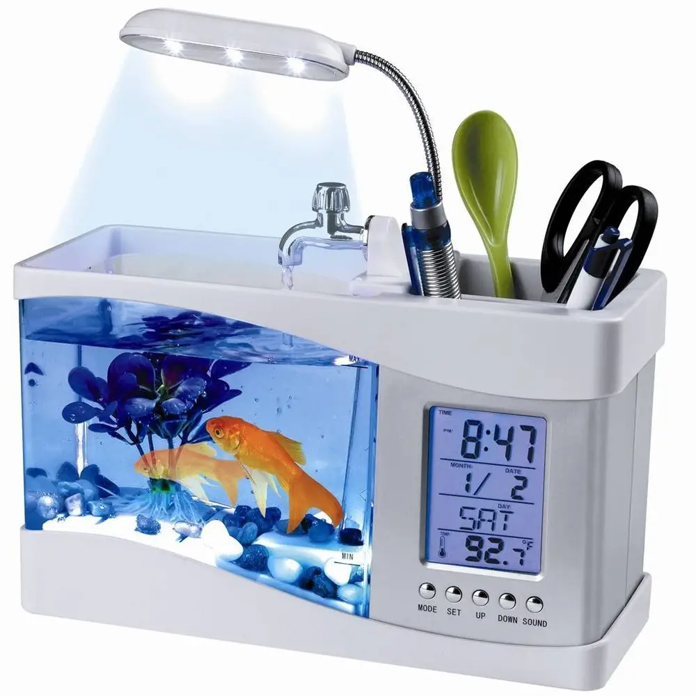 USB 데스크탑 수족관 미니 물고기 탱크 흐르는 물 LCD 시간 시계 알람 다채로운 LED 램프 빛 달력 보유 1.5 Quart
