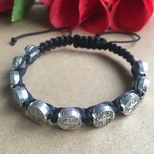 <span class=keywords><strong>Argento</strong></span> antico placcatura pavimenta impostazione del branello del <span class=keywords><strong>rosario</strong></span> del braccialetto, san benedetto icona nero corda del cavo del braccialetto - Product Image 1