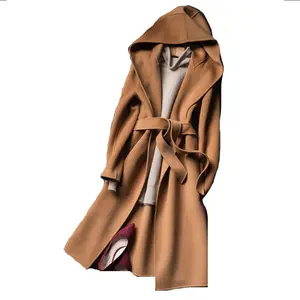 P18B151CH <strong>Women</strong> Cashmere <strong>Wool</strong> Hoodie <strong>Coat</strong> With <strong>Belt</strong> for Ladies - Product Image 1
