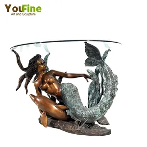 Cast Metal Mermaid Sculpture Table Decorative Brass and Glass Coffee Table