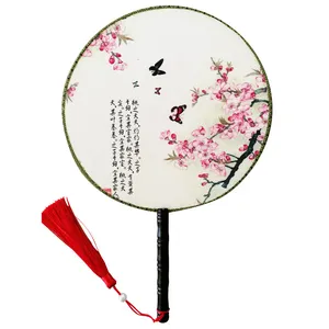 Chinese Traditional Palace Silk Cloth Circular Hand Fan Folk Art Bamboo Paper Flower-Themed Promotion Gifts Decorations