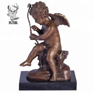 Cherub cupid with bow bronze statue on plinth for home decoration