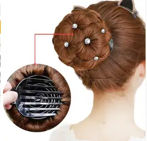 Synthetic Curly Chignon Bun Hairpiece 9 Flowers Crystal Rhinestone Roller Clip in Hair High Temperature Fiber