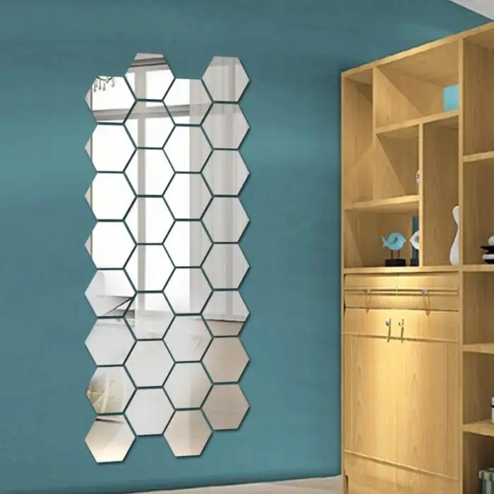 Stiker Dinding Cermin 3d Kristal, Stiker Dinding Cermin Akrilik Latar Belakang Segi Enam 12 Buah