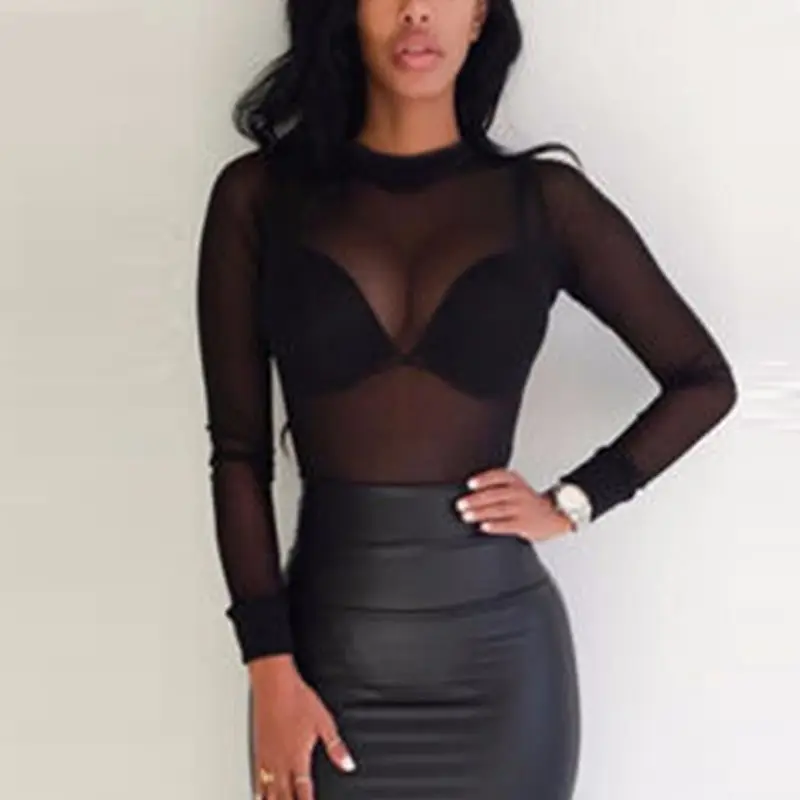 Wish Hot Sale Women See Through Blouse Sexy Long Sleeve Transparent Mesh Tops