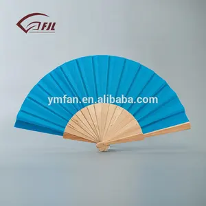 Wholesale blue cloth folding fans for business customer,own logo printed spain wooden hand fabric cover fan for event wooden han