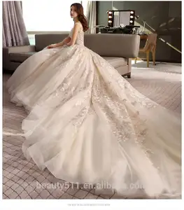 Hot Sale Boat Neck Sleeveless Floor-length Floral Ruffled Organza Wedding Dress TS26