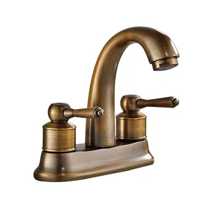 Euro Retro Basin Mixer Faucet Deck Mounted Antique Brass Dual Handles Two Holes Centerset 4" centers Bathroom Vessel Sink Faucet