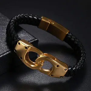 2020 new arrival handmade bracelet 8.7 Inch Stainless Steel Punk Bikers Custom Leather Bangle with Gold Magnetic Clasp