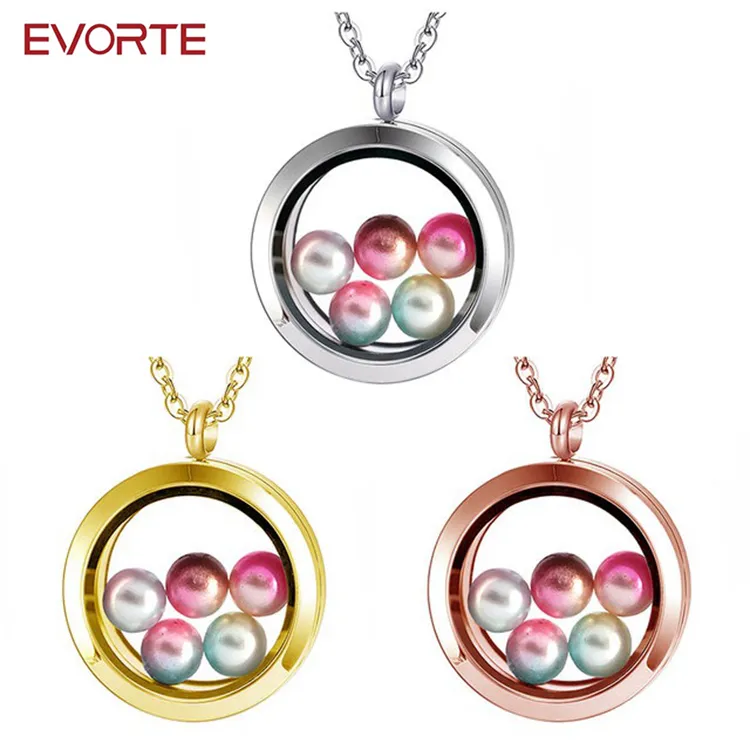 Evorte Fashion 316L Stainless Steel Pearl Zircons Gems Glass Floating Locket Charm Pendant Necklace Ring Earring Jewelry Set