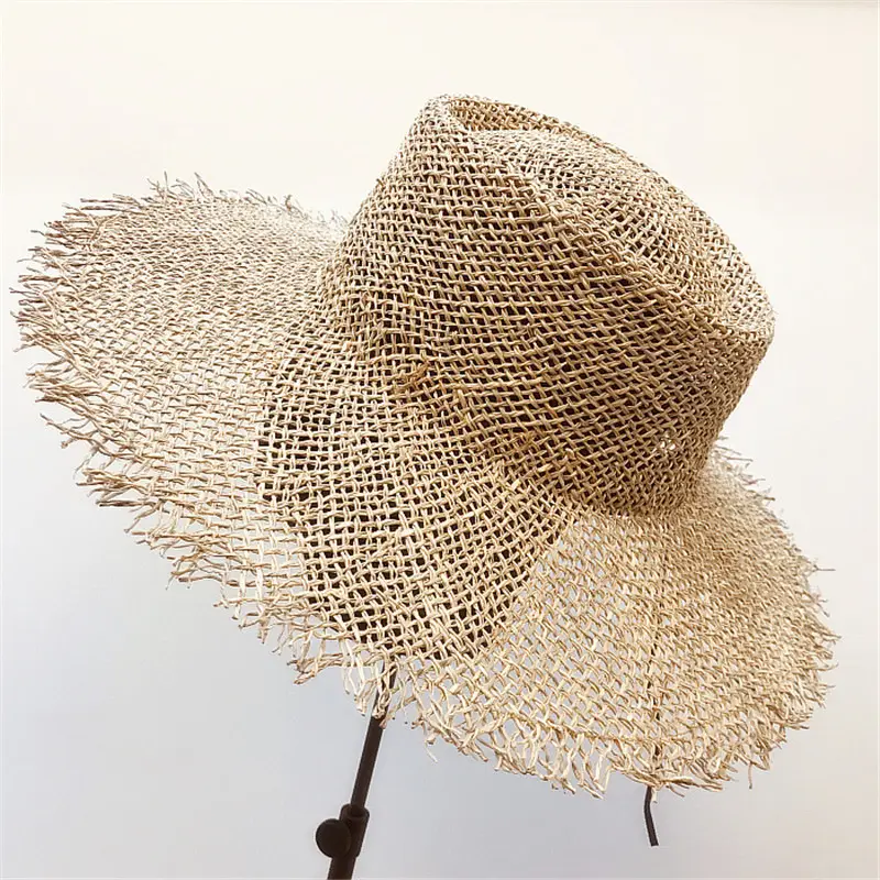Hand Made Retro Design Sun Visor Hat Mesh Hole Beach Fisherman's Hat For Wholesale Sisal Straw Hat Wide Brim