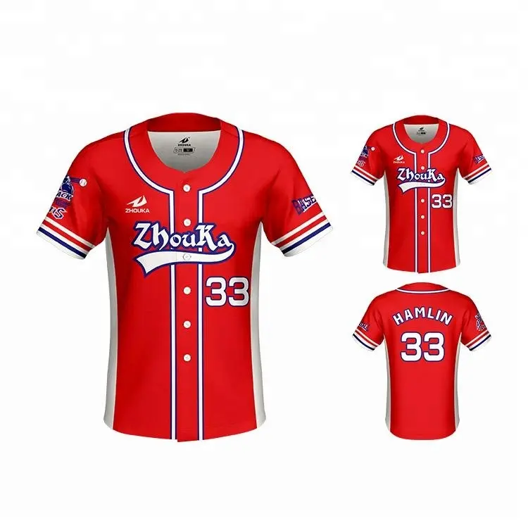 Venta al por mayor, uniforme de béisbol de color rojo, diseño completo de sublimación por diseño propio, OEM, jersey de béisbol para equipo