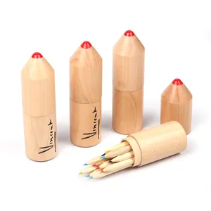 Promotional customized logo 3.5 inch 12pcs  color pencil set  in Wooden tube for kids