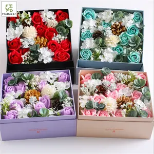Square Soap Rose Flower Gift Box with Leaves for Mother's Day Valentine's Day Wedding Decoration Birthday Present