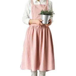 Promotional custom logo cotton and linen dressy apron with ruffle for women