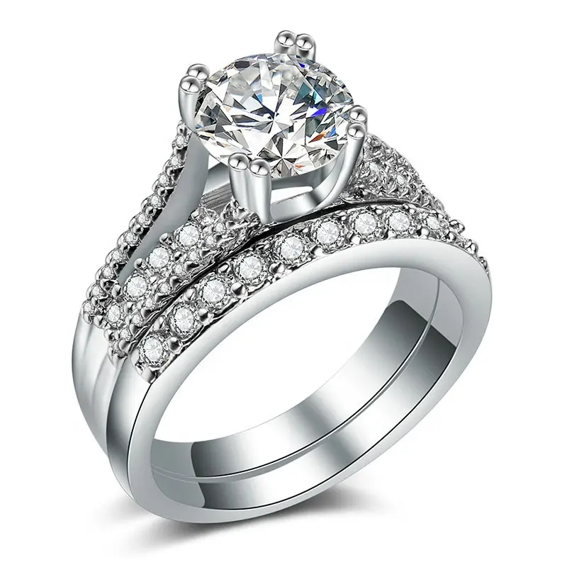 2 Pcs/Set Rhinestone Women's Silver Plated Ring Princess Cut Evening Wedding Bridal Fashion Rings Set B776