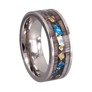程珠宝商批发鹿茸金叶镶嵌订婚戒指优质不锈钢男士戒指