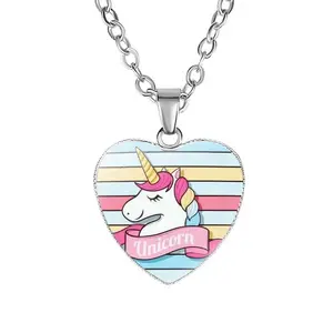 Cartoon Unicorn Necklace Silver Heart Pendant with Chain