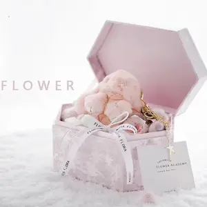 Scatola regalo di forma esagonale di lusso personalizzata all'ingrosso confezione di carta di cartone rose scatola di velluto di fiori di ghiaccio con coperchio per fiori