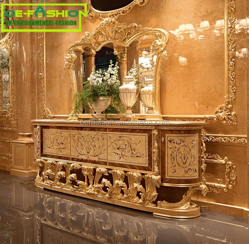 フレンチネオクラシックルイ16世スタイルコンソール彫刻ゴールド仕上げ木彫りコンソールテーブル