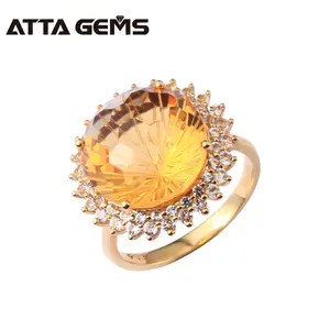 天然黄水晶宝石真正18k金钻石戒指妇女固体结婚戒指18k金黄金首饰