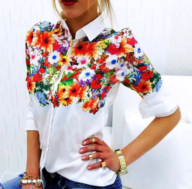 New Autumn European Langarm Print Shirt Blusen Weibliche Tops Weißes Hemd Elegante Schmetterling Bedruckte Bluse Frauen