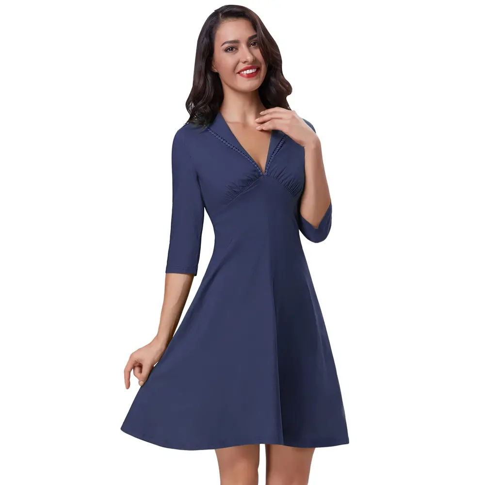 BP000395 Belle Poque Retro Vintage 50S Biru Tua Lengan 3/4 Kerah Kerah Kerah V-Neck Gaun A-Line