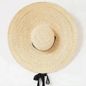 Sombrero plano de paja Natural para playa, sombrero clásico de ala ancha supergrande de 18cm con lazo