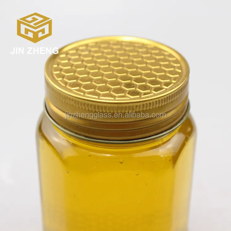 Chất Lượng Cao Thủy Tinh Mật Ong Jar Để Bán, Honeycomb Shaped 380Ml Glass Canning Jar Với Kim Loại Có Nắp Đậy