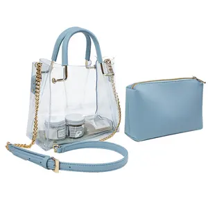 Personalizado de cadena bolso de la bolsa de plástico de señora de la moda de las mujeres hombro bolso transparente, bolso de mano de pvc transparente