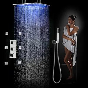 豪华天花板安装浴室 LED 大雨淋浴头与恒温水龙头设置混合器阀和手淋浴