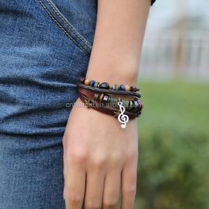 Nouveau Bracelet marron, style Hippie, Boho, artisanal, en cuir, étoiles G Clef, Note, breloques métalliques, boutons en bois, perles, enveloppe ajustable, unisexe - Product Image 2