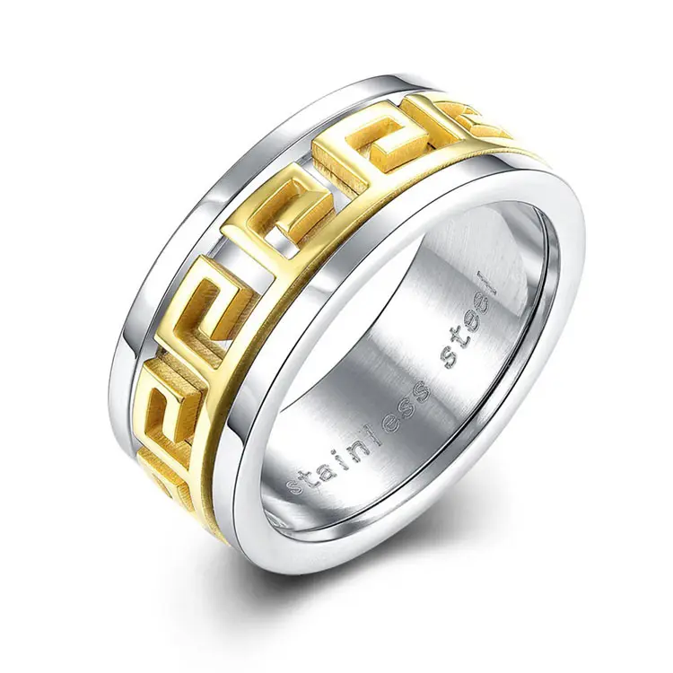 Mens Accessories Stainless Steel Stone Ring with Greek Key Design, Rings Jewelry Type Stainless Steel Ring