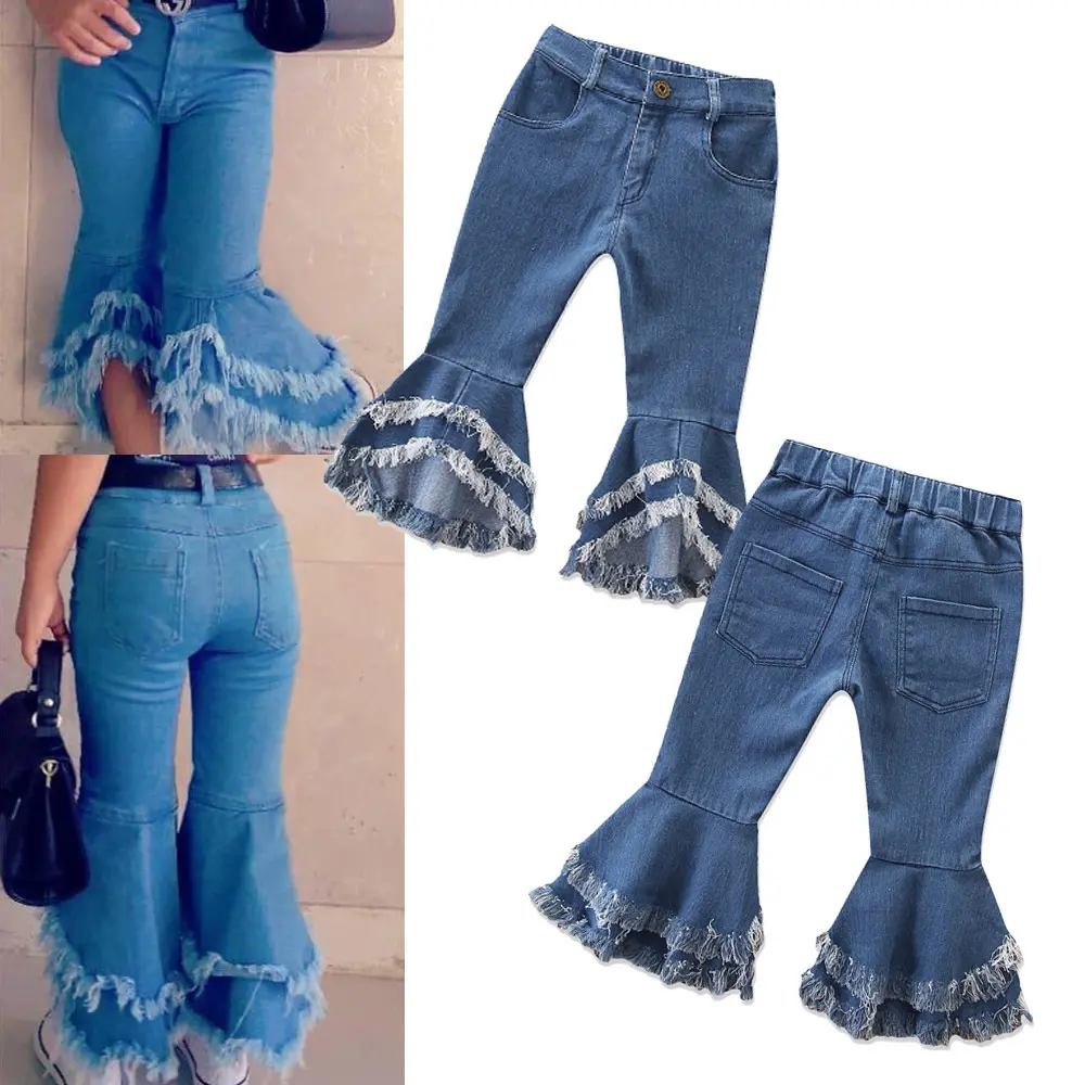 2019 ilkbahar sonbahar aliexpress sıcak satış popüler şık sevimli denim alevlendi püskül çocuk çocuk kız pantolon toptan