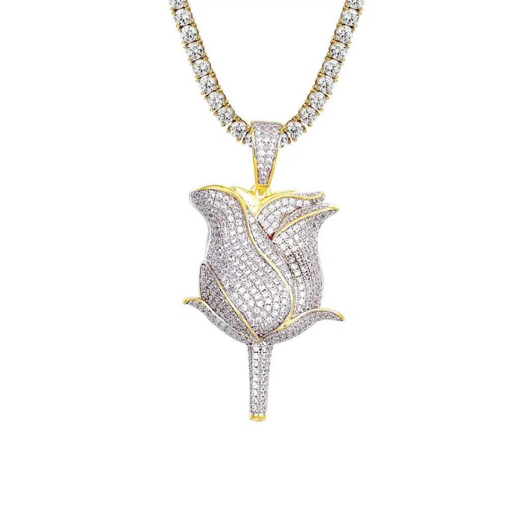 Pendentif fleur personnalisé en plaqué or blanc, vente en gros, Hip Hop Micro Pave CZ