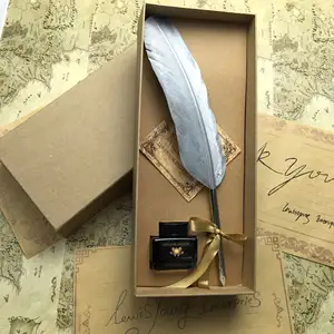 Stylo plume de dinde avec encre, ensemble cadeau de mariage, couleur or, coffret avec LOGO personnalisé