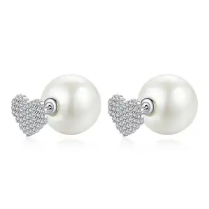 LUOTEEMI Diamond Heart Earring Tiny CZ Paved Heart Earrings Girls Trendy Fashion Pearl Stud Heart Shaped Diamond Earrings