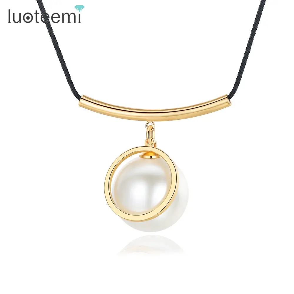 LUOTEEMI Gold Color Hoop With Big Imitation Pearl Pendant Long Chain Sweater Necklace For Women Fashion Jewelry