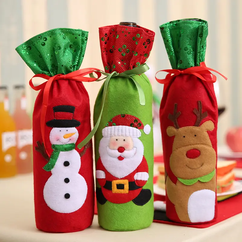 Tas Botol Anggur Dekorasi Natal, Hadiah Manusia Salju, Pemegang Payet Sampanye, Dekorasi Meja Pesta Makan Malam Rumah Natal