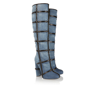 OEM ODM Offre Spéciale Mode Tendances Jeans Femmes Genou Bottes Bloc Talon Haut Bottes <span class=keywords><strong>Fantaisie</strong></span> avec Fermeture Éclair - Product Image 3